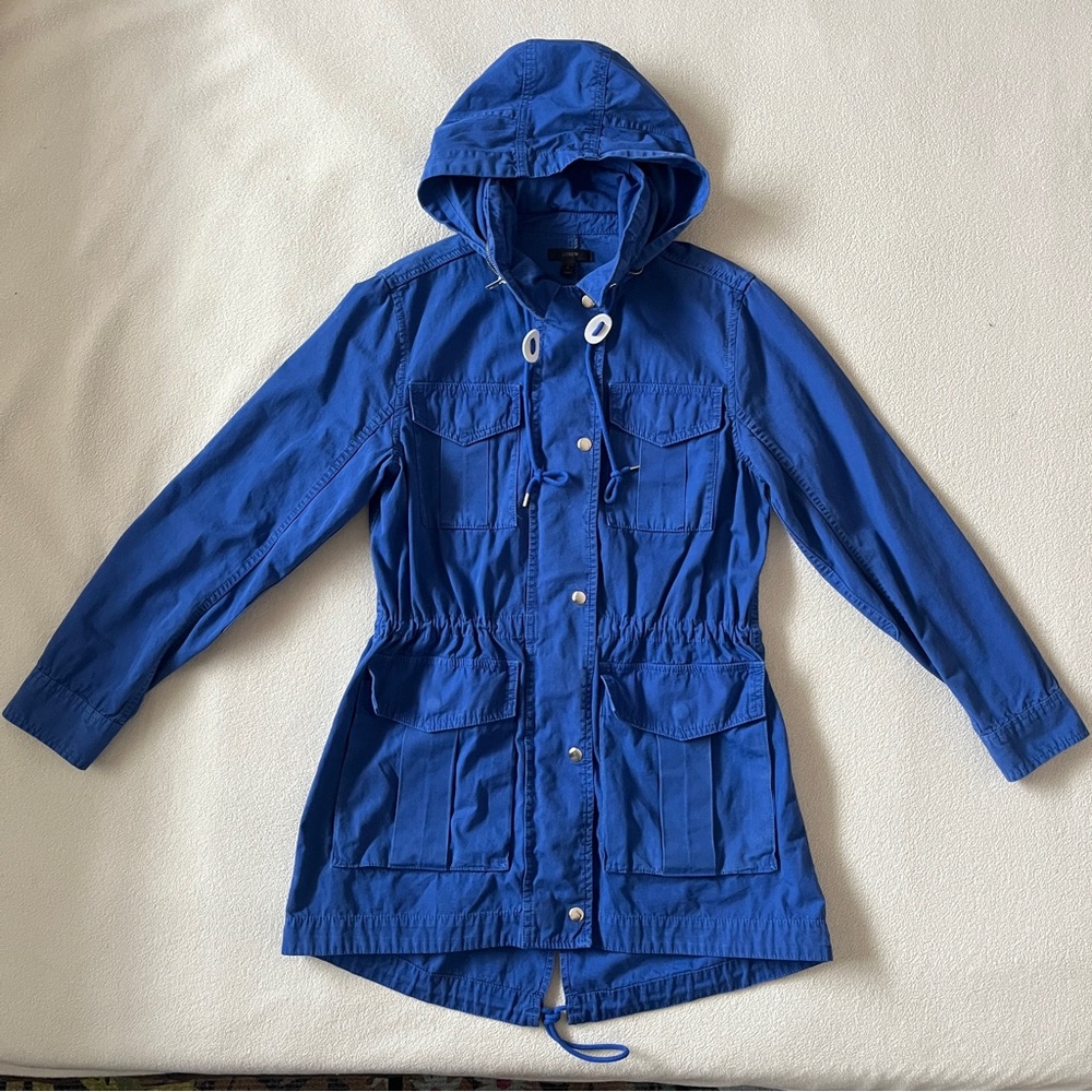 J Crew Women’s Blue Lagoon Fatigue Hooded Boyfriend Utility Jacket Cinch Waist - Picture 7 of 16